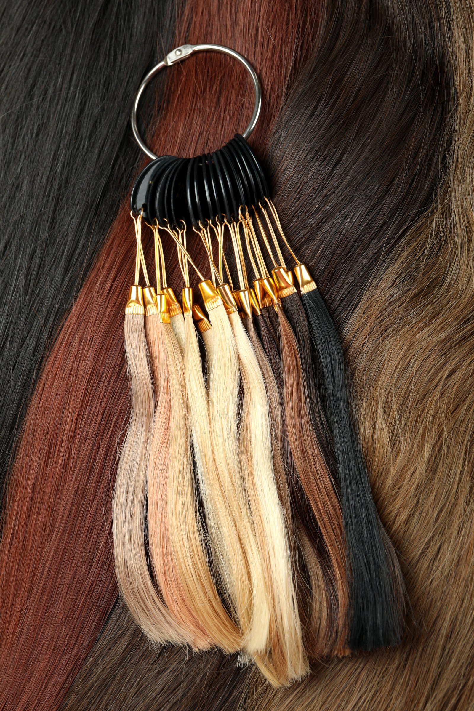 A diverse assortment of colored hair extensions, offering multiple choices for enhancing hair with highlights.